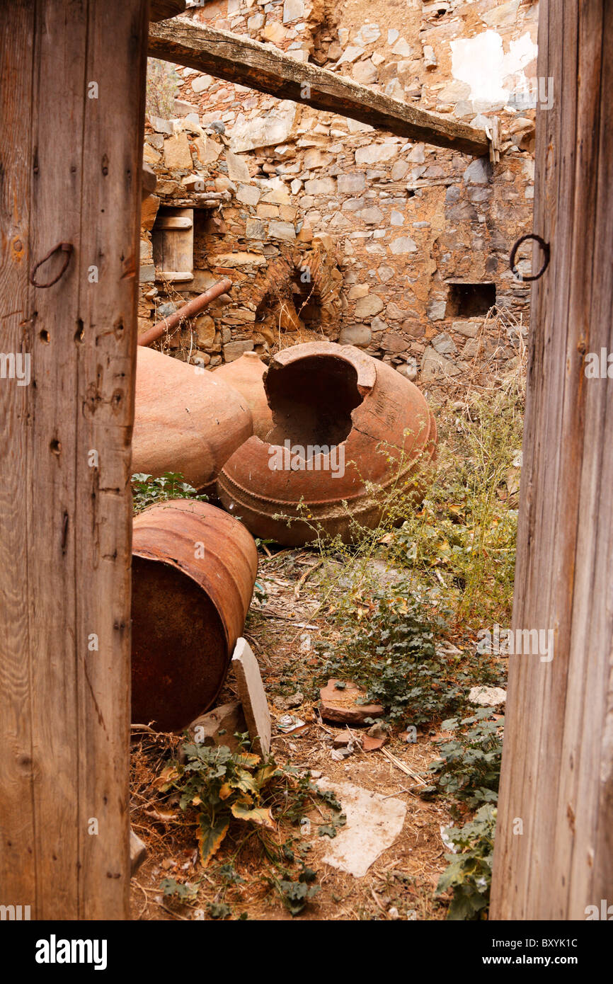 Broken clay Cooking pots, deserted village yard, Fikardou, Cyprus Stock Photo