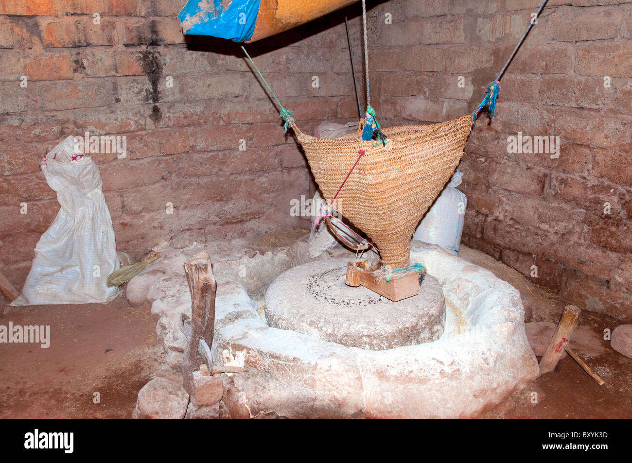 A primitive grain mill in a Berber village in the Ourika Valley, Morocco, North Africa. Stock Photo