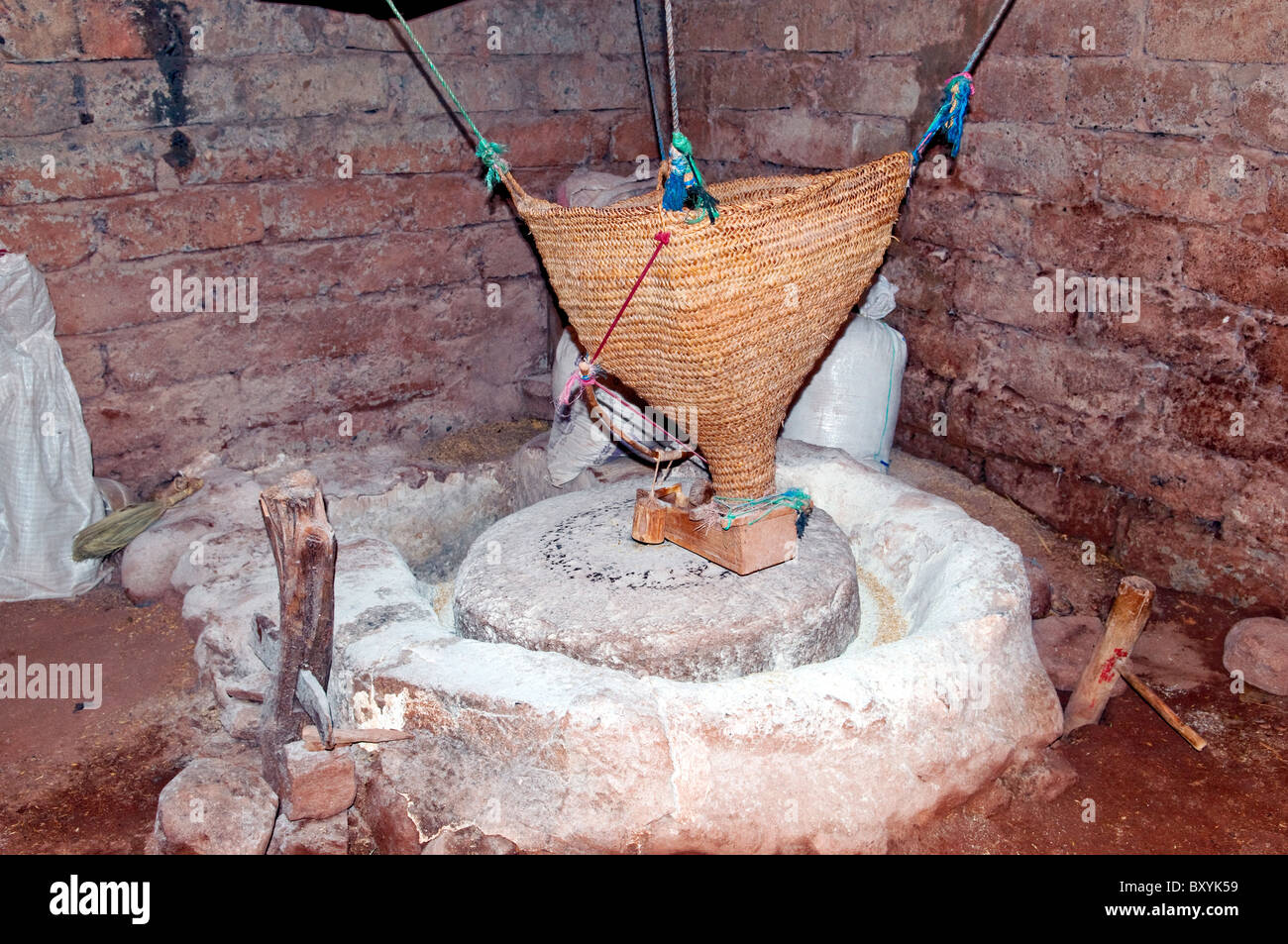 A primitive grain mill in a Berber village in the Ourika Valley, Morocco, North Africa. Stock Photo