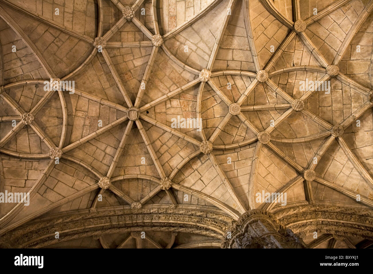 The vaulted arch ceiling of the Monastery of Jeronimos (Mosteiro dos Jeronimos) in Lisbon, Portugal. Stock Photo