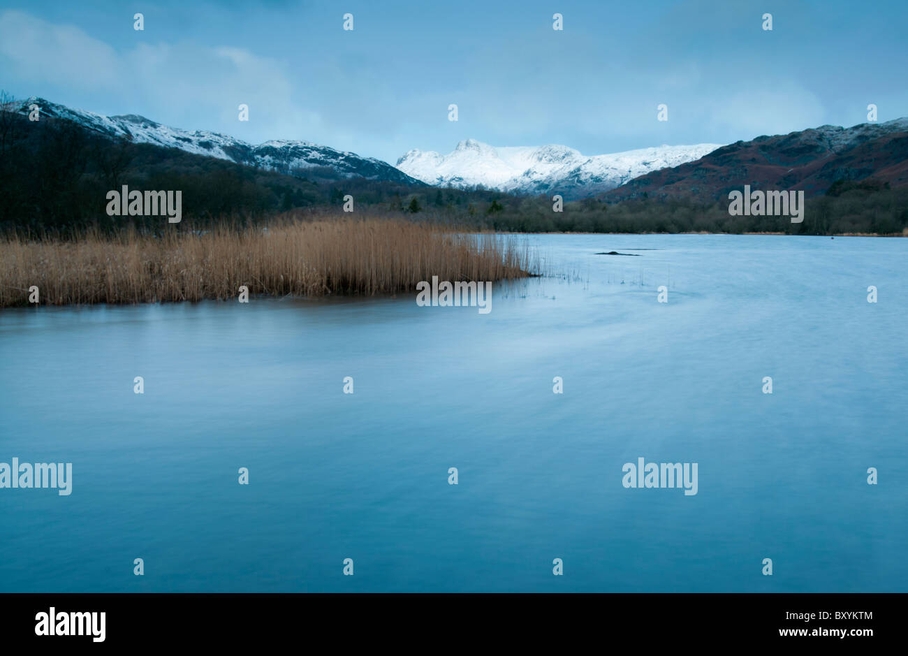 Long exposure of Winter Dawn at Elterwater in the Great Langdale Valley, Lake district Stock Photo