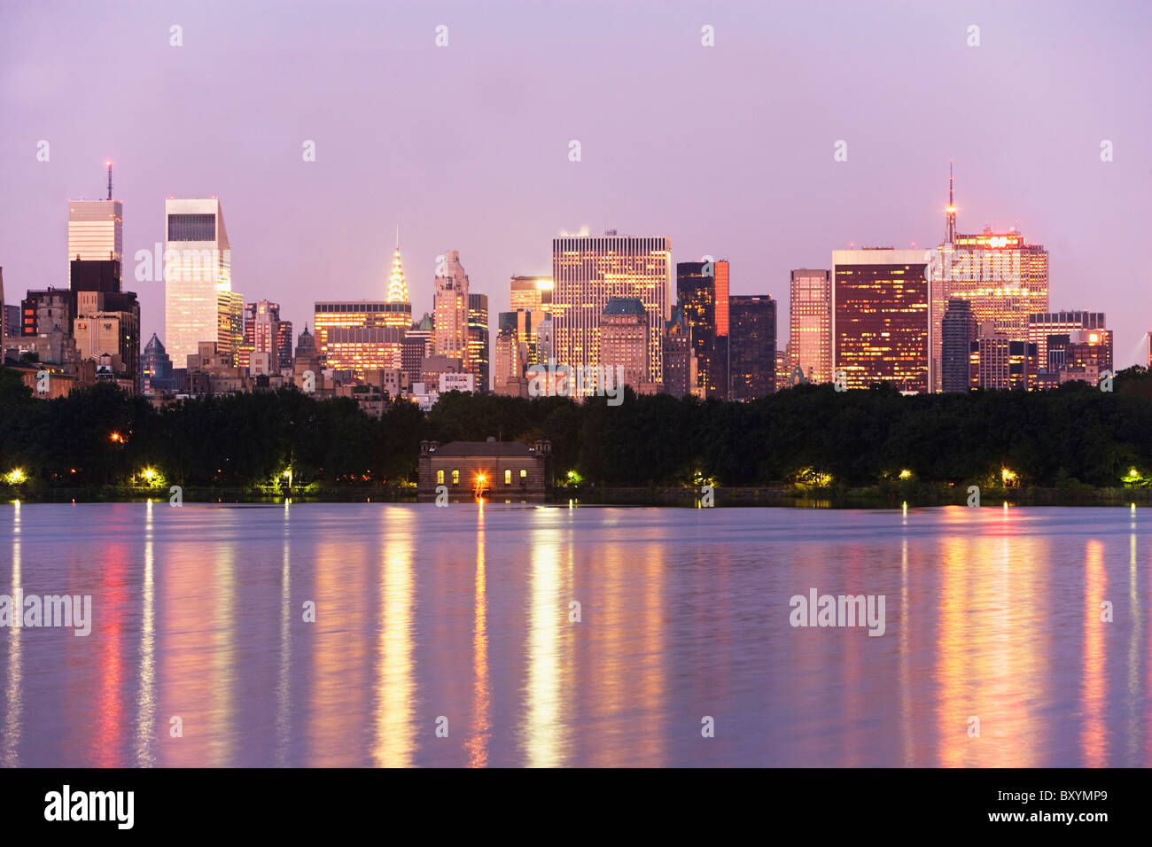 Skyline with Bloomberg Building at dusk, view from Central Park Stock Photo