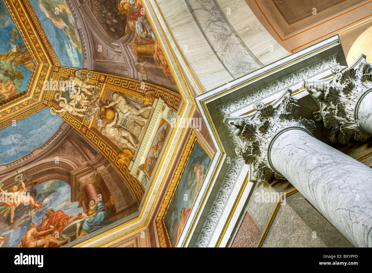 Interior detail of pillars and frescoes from the Vatican Museums in