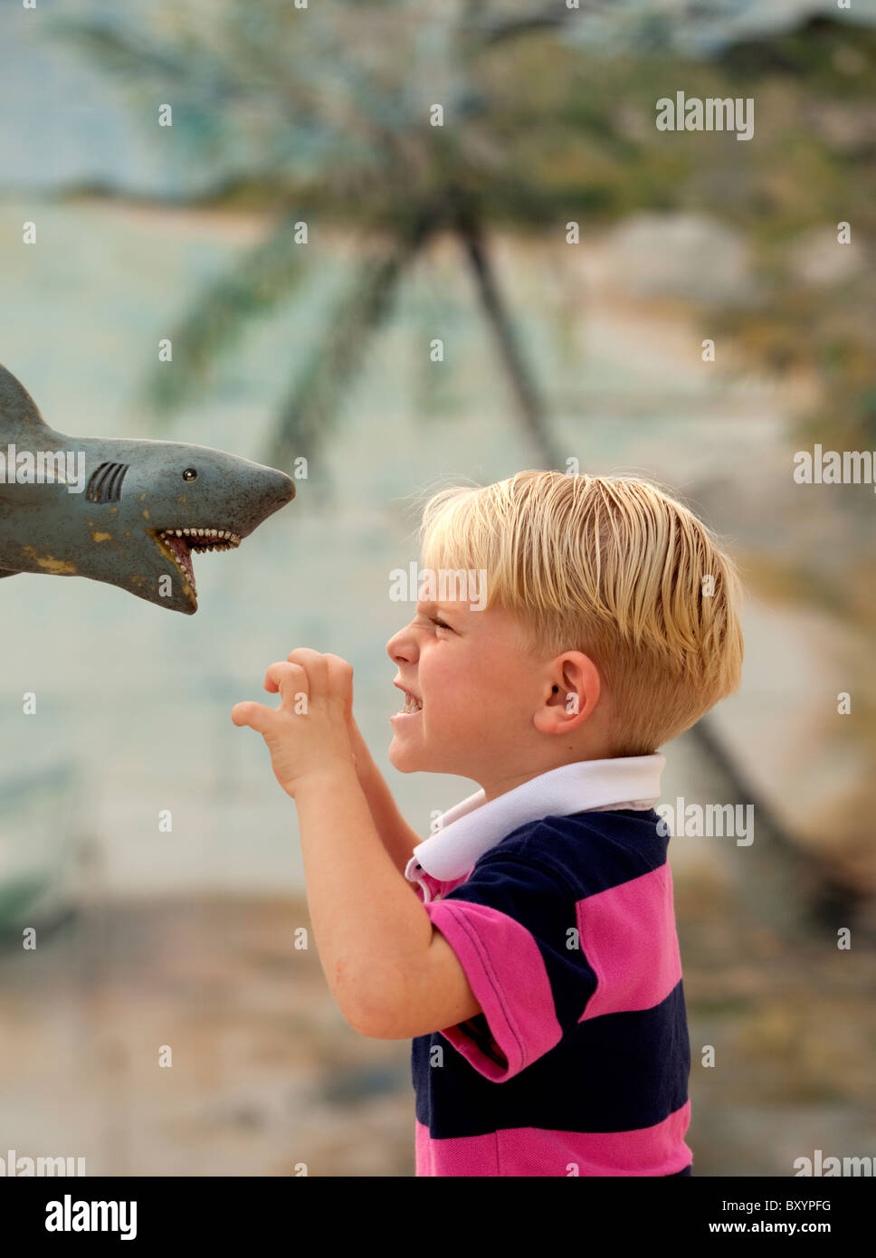 Young boy growling at toy shark Stock Photo