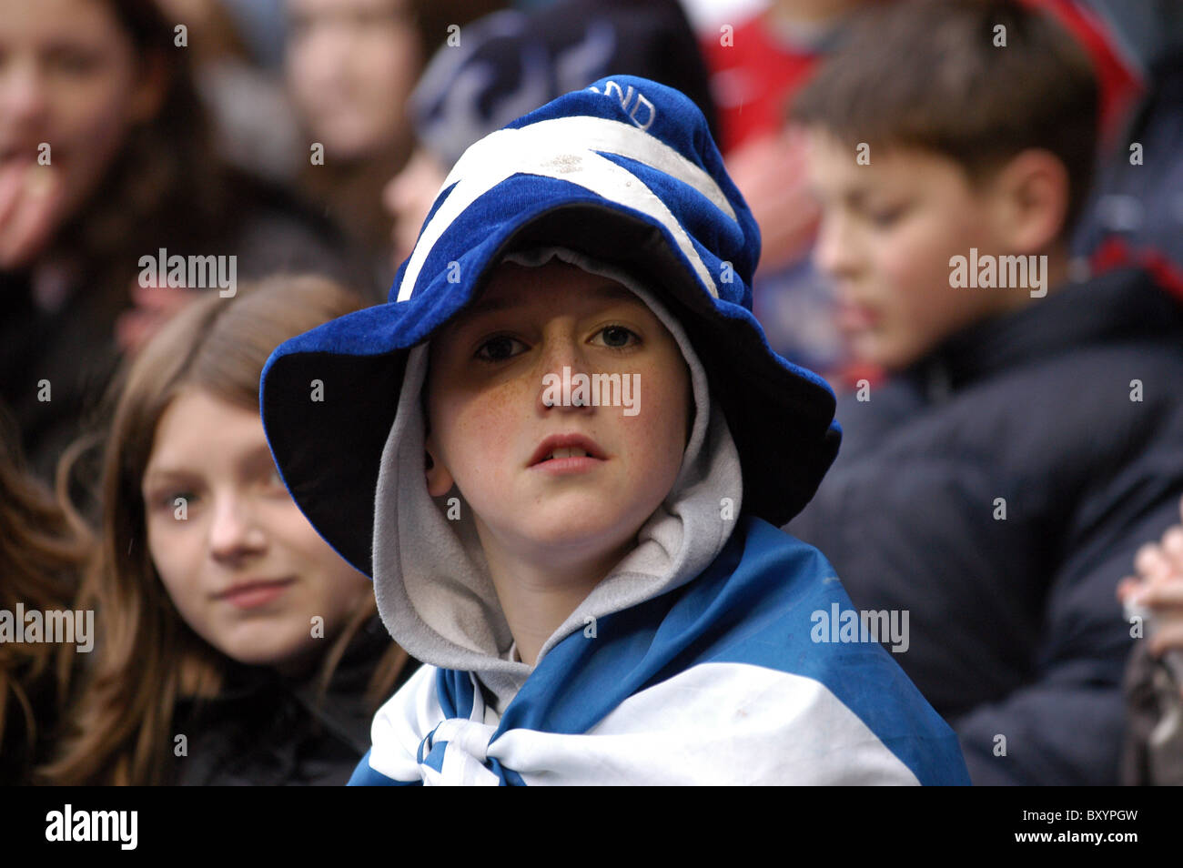 10-12 year old Scotland supporter at Murrayfield Stock Photo