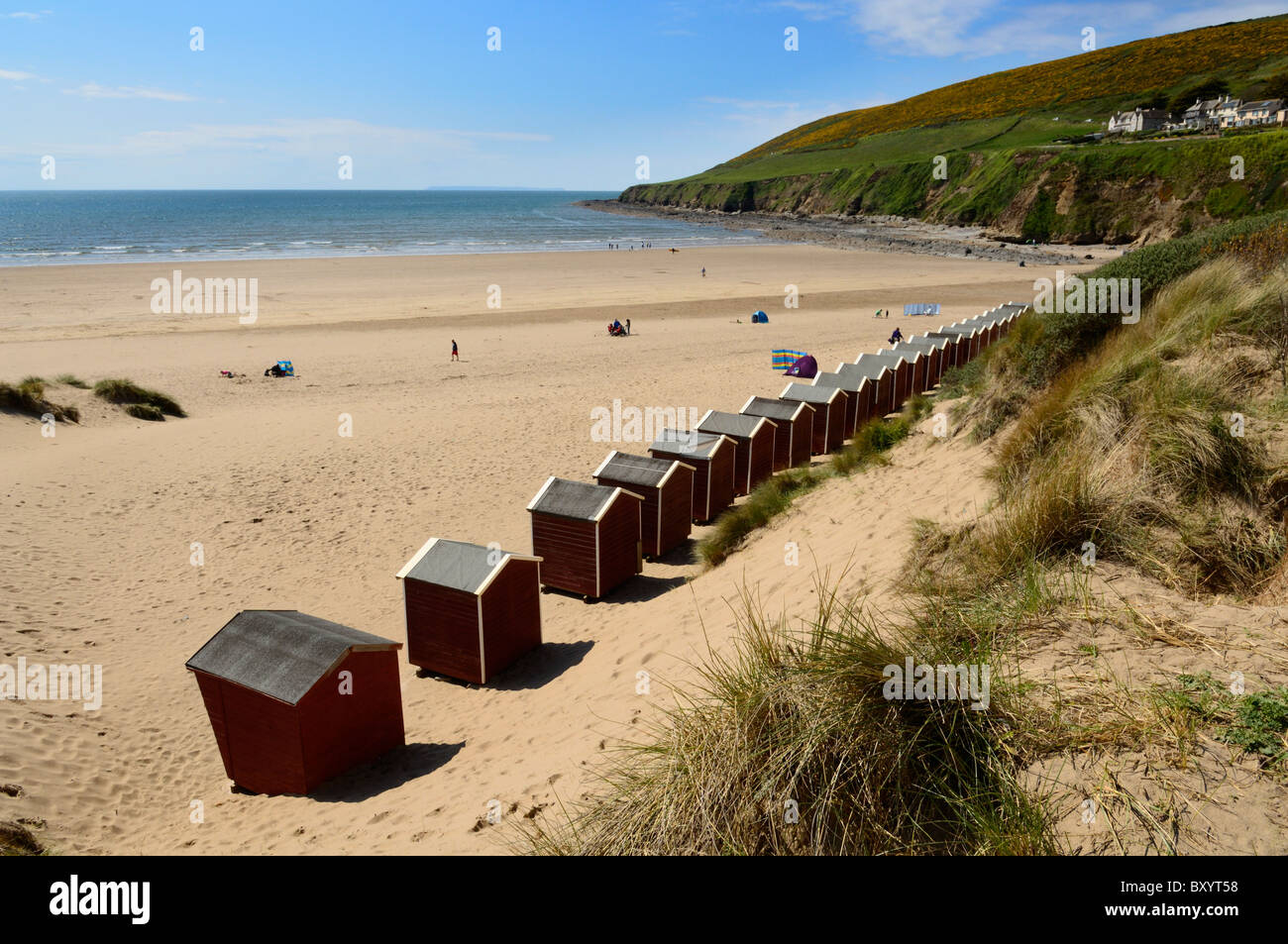Beach huts at Saunton Sands beach at Saunton near Braunton on the North