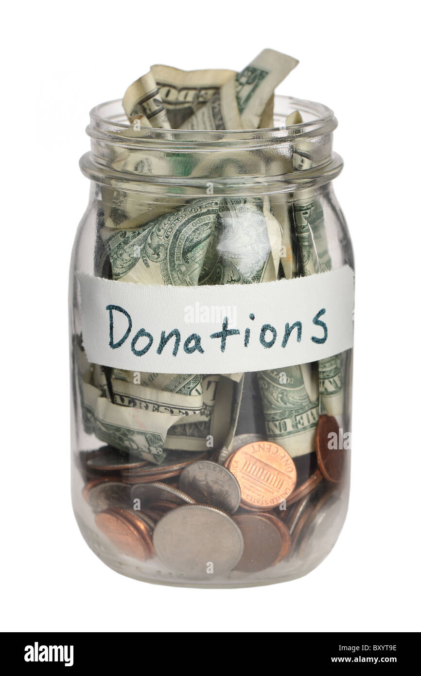 Donation jar on white background Stock Photo