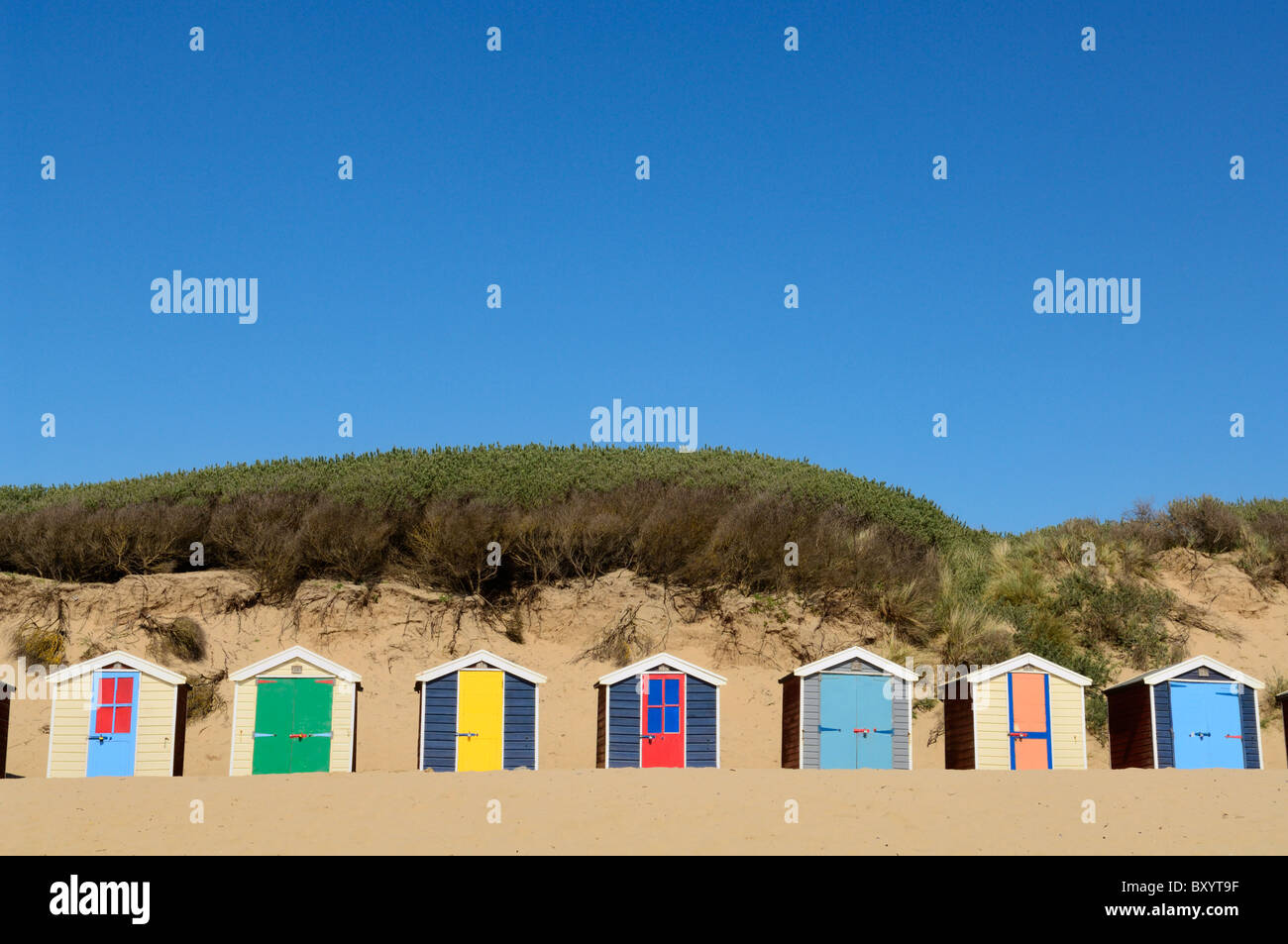 Beach huts at Saunton Sands beach at Saunton near Braunton on the North