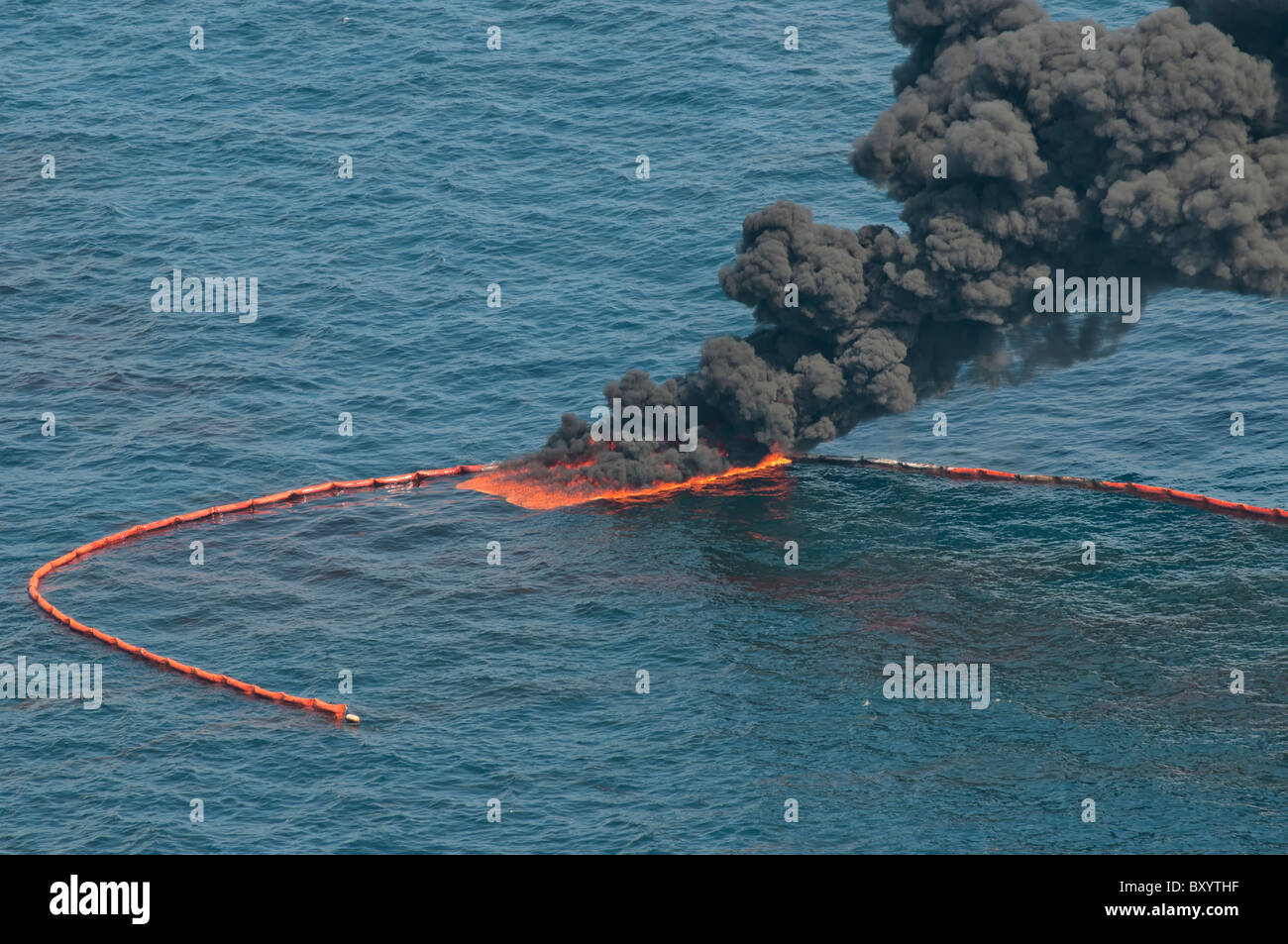 Insitu burn, seven miles north of the source MC 252 site, Gulf of Mexico, Louisiana, USA. Stock Photo