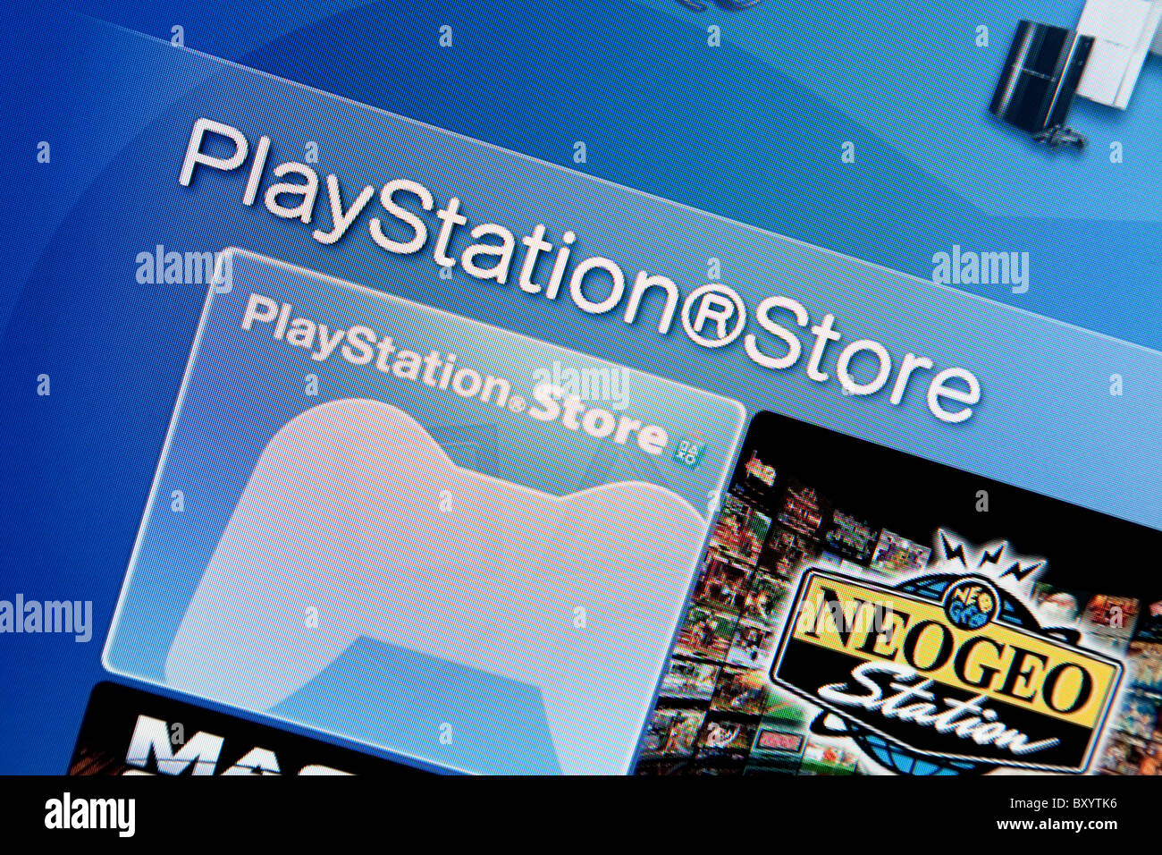 Playstation Store splashscreen on a Playstation 3 PS3 to purchase additional games and media from Sony Stock Photo
