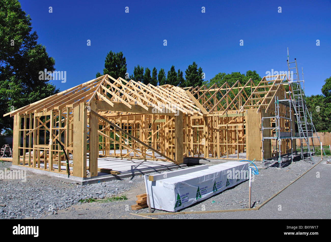 New wooden-frame house under construction, Opawa, Christchurch, Canterbury, South Island, New Zealand Stock Photo