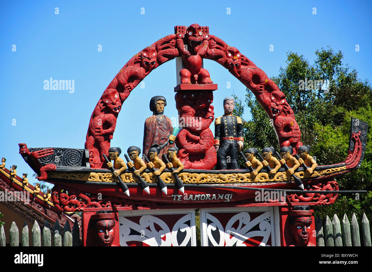 Maori carvings on gate, Nga Hau E Wha National Marae, Pages Road