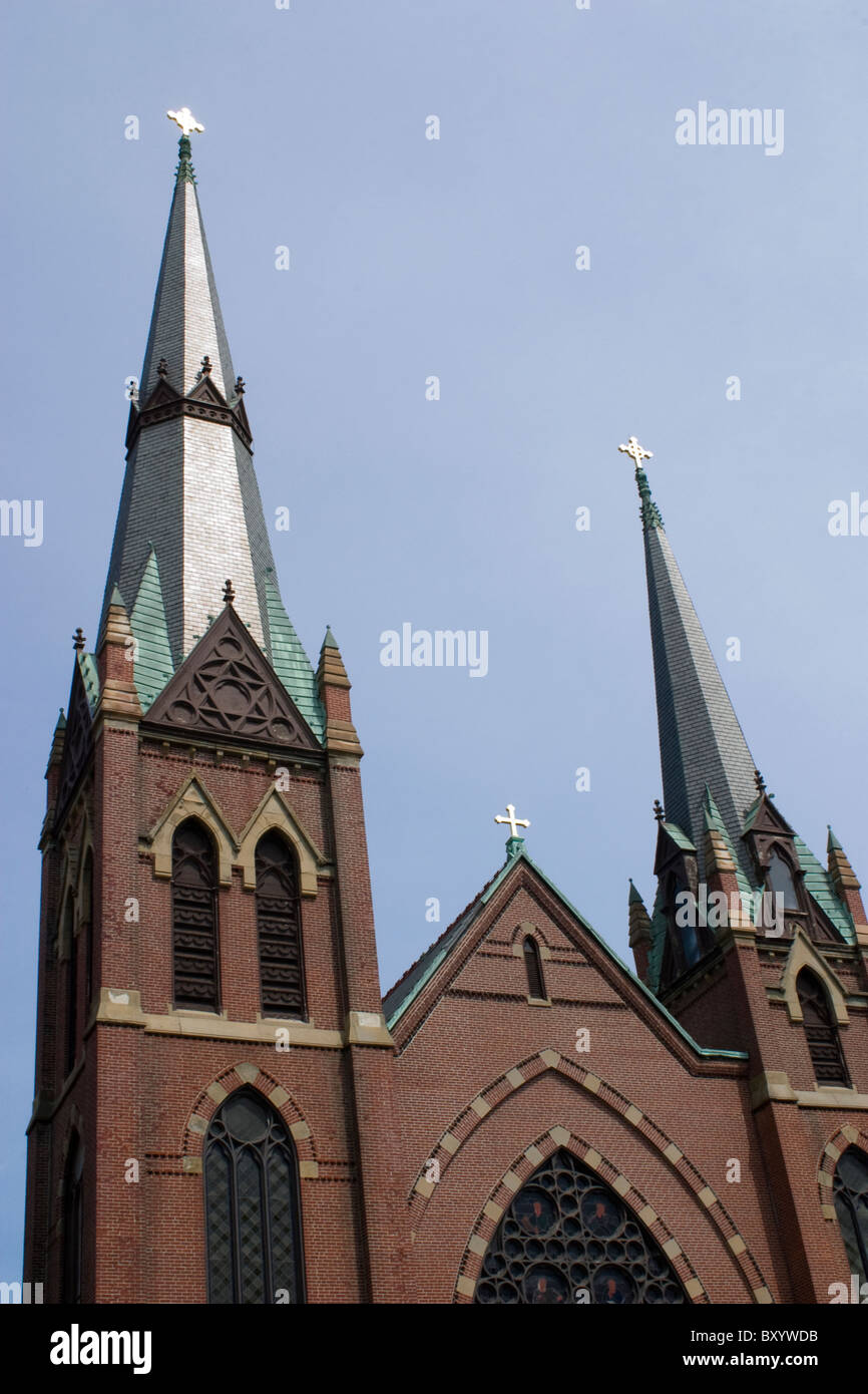 Northampton, Massachusetts twin steeples on the Catholic church Stock Photo