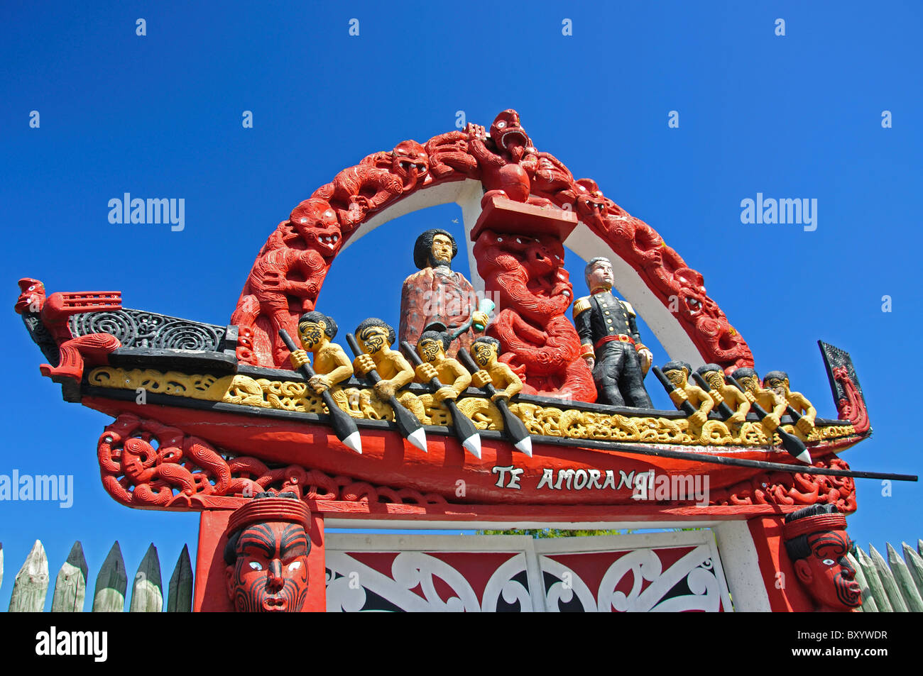 Maori carvings on gate, Nga Hau E Wha National Marae, Pages Road