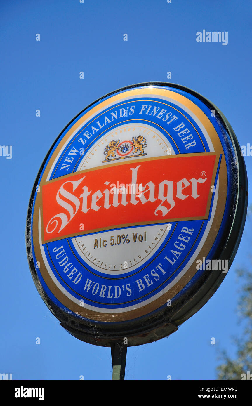 Steinlager beer sign, The Village Inn, Talbot Street, Geraldine, Canterbury, South Island, New Zealand Stock Photo