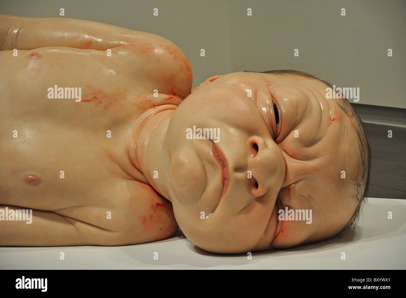 Newborn baby sculpture at Ron Mueck Exhibition, Christchurch Art Gallery, Christchurch, Canterbury, South Island, New Zealand Stock Photo