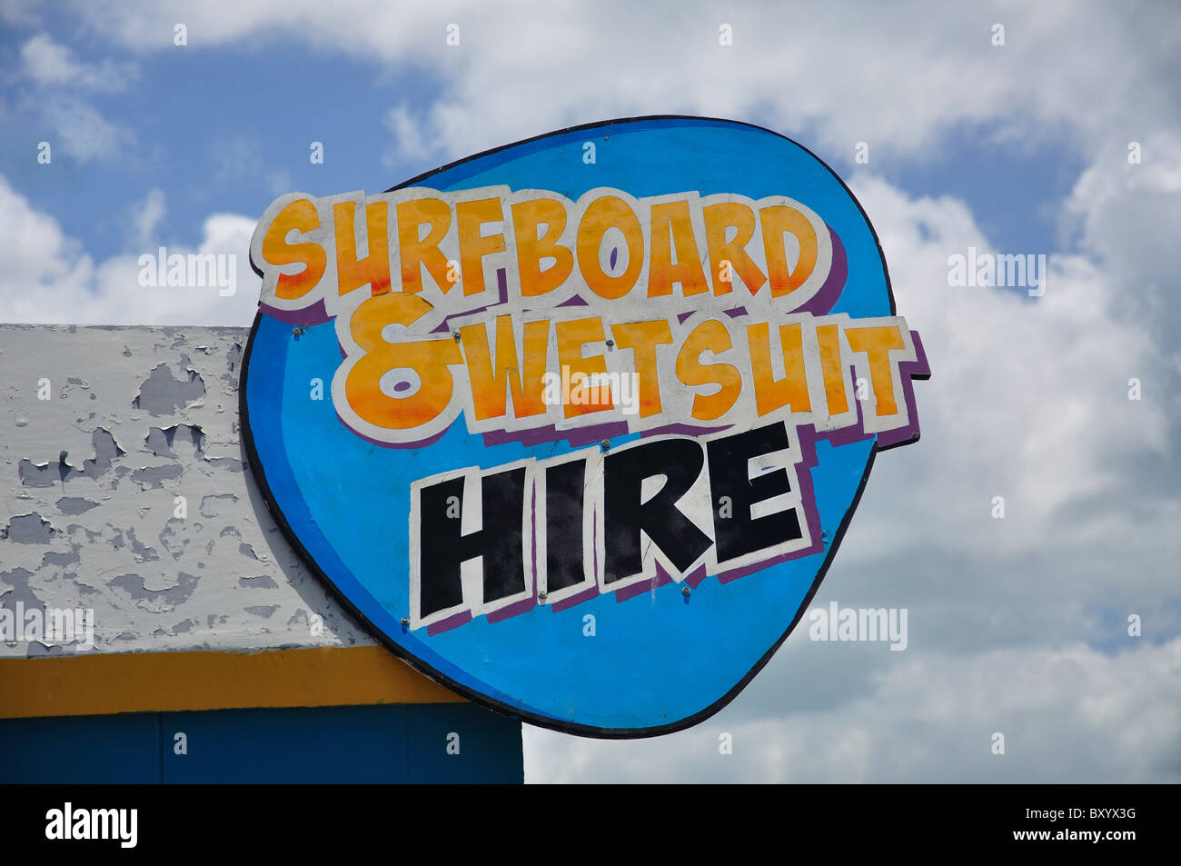 Surfboard hire sign, New Brighton, Christchurch, Canterbury, South Island, New Zealand Stock Photo