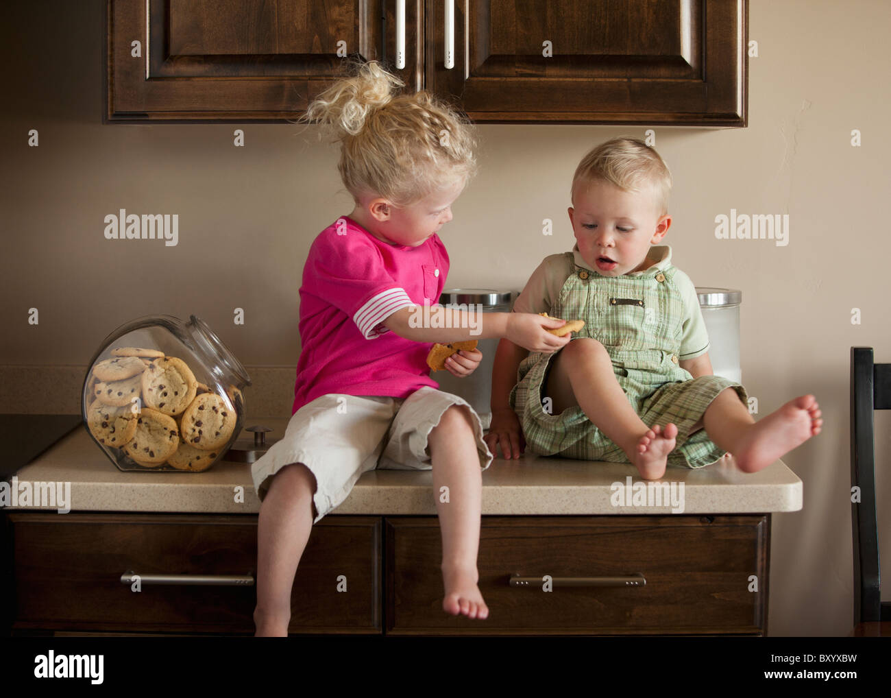 Baby boy and girl sharing cookies on kitchen worktop Stock Photo