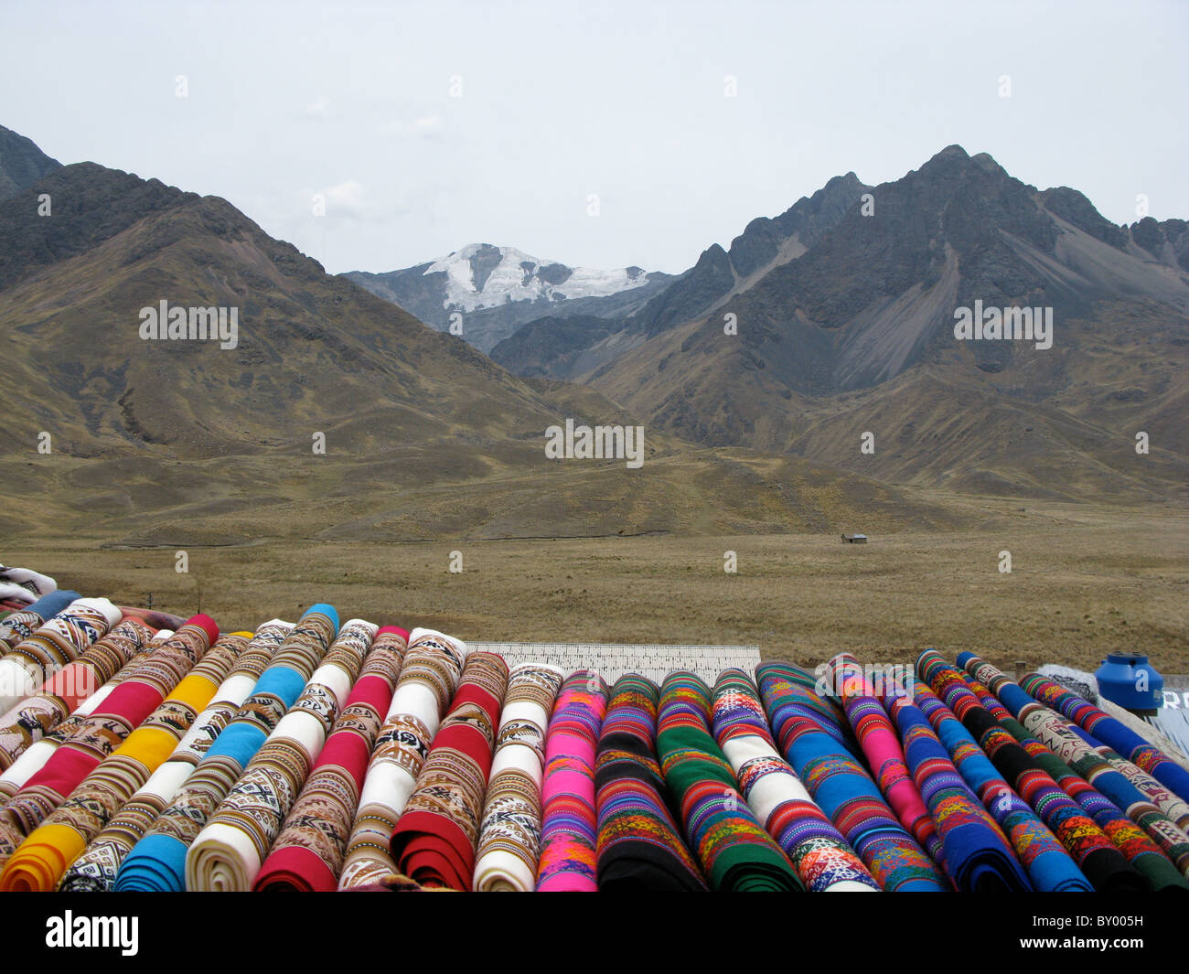 Alpaca blankets with the Andes as a backdrop in Peru Stock Photo Alamy