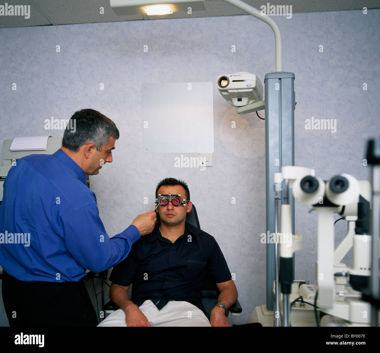 Eye test at the opticians in London in England in Great Britain in the