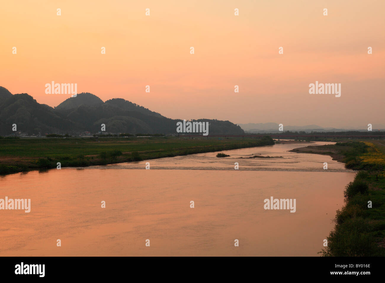 Omono River and Evening Glow, Daisen, Akita, Japan Stock Photo