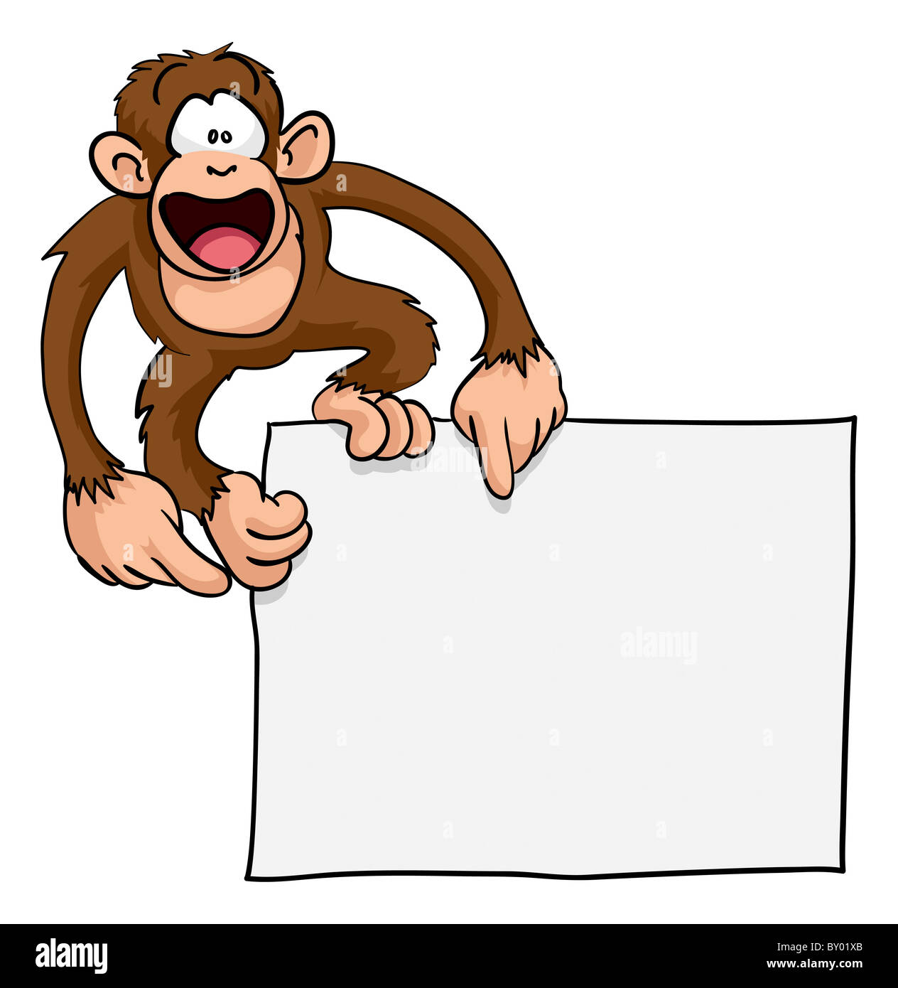 A crazy cute excited monkey pointing at a blank sign with copy-space illustration Stock Photo
