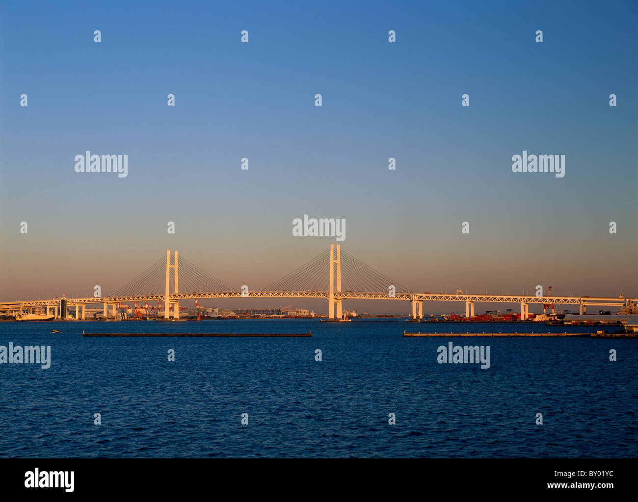 Evening Glow and Yokohama Bay Bridge, Yokohama, Kanagawa, Japan Stock Photo