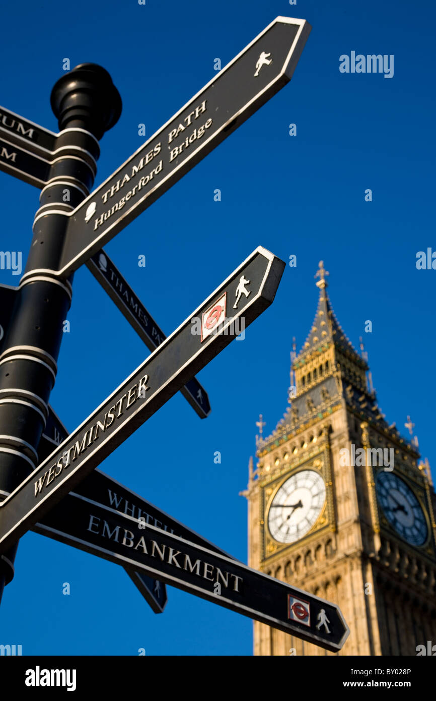 Tourist sign post with Big Ben behind in Westminster Stock Photo