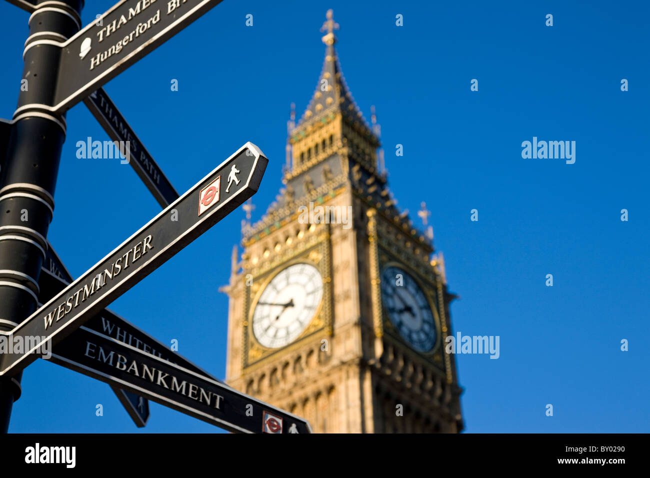 Tourist sign post with Big Ben behind in Westminster Stock Photo