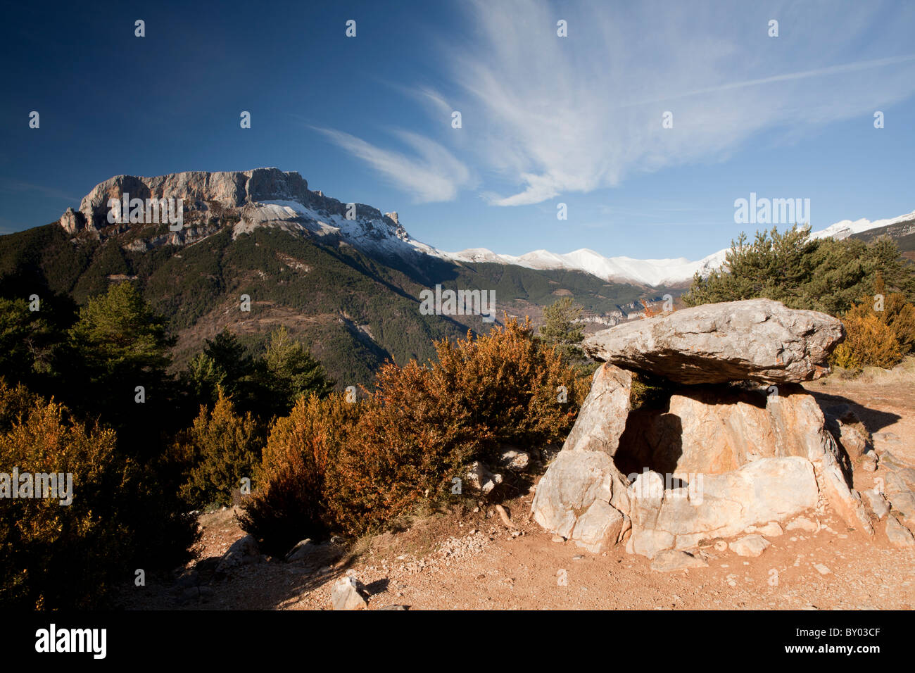 Dolmen of Tella and Castillo Mayor peak, National Park of Ordesa and Monte Perdido, Huesca, Spain Stock Photo