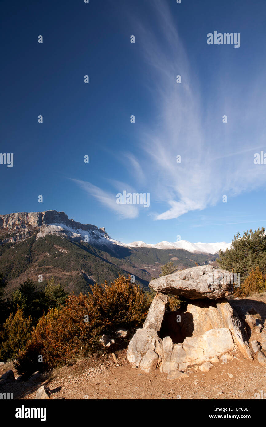 Dolmen of Tella and Castillo Mayor peak, National Park of Ordesa and Monte Perdido, Huesca, Spain Stock Photo