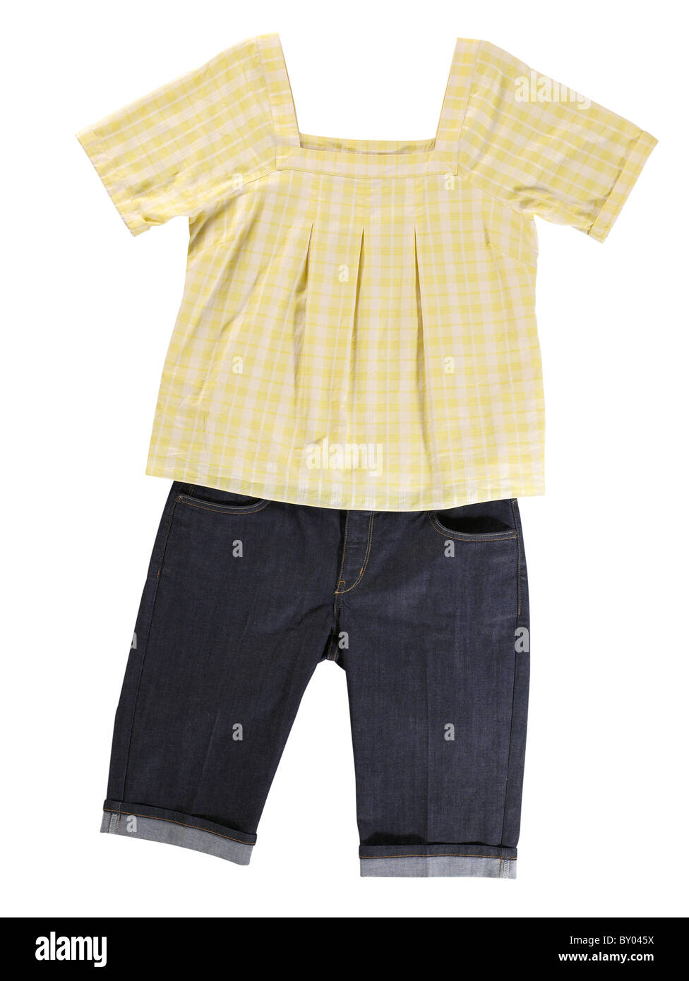 cut off blue jeans and yellow shirt Stock Photo Alamy