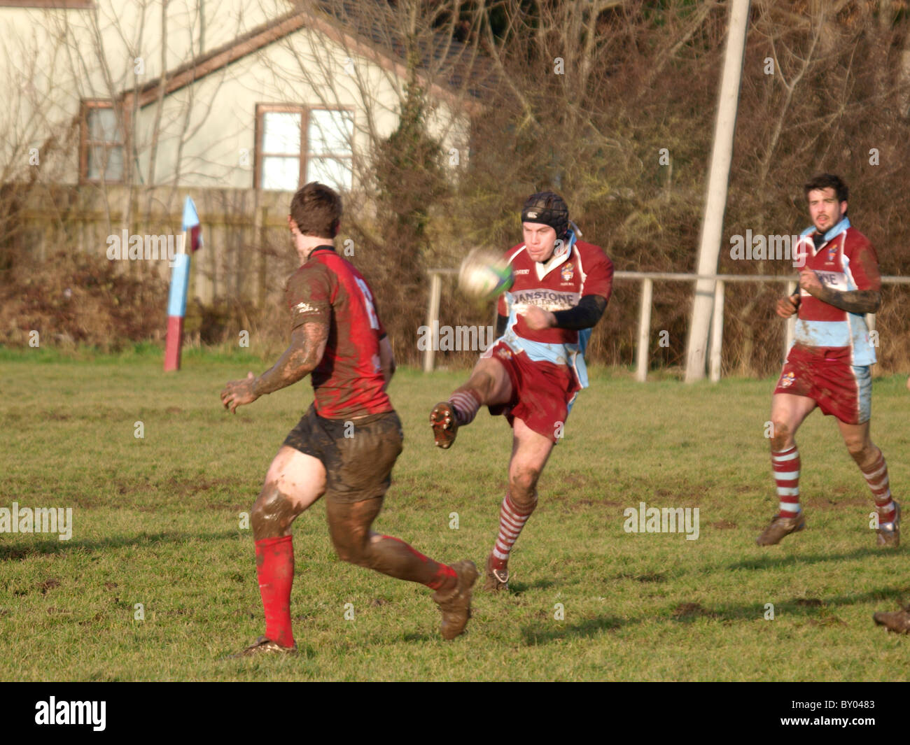 Kick, Amateur rugby match Bude RFC Versus Exeter Saracens, UK Stock Photo