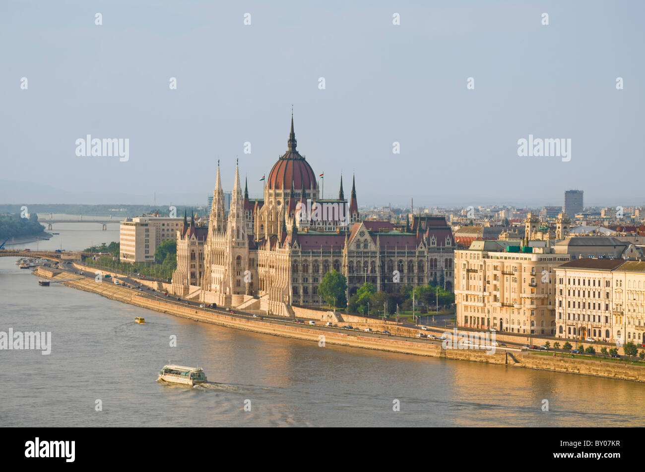 Hungarian Parliament building designed by Imre Steindl with the river Danube in the foreground, Budapest, Hungary, Europe, EU Stock Photo