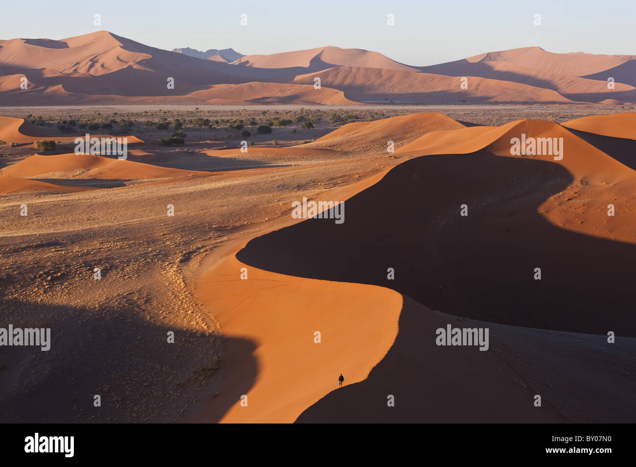 Man climbing sand dunes, Namib Naukluft National Park, Namibia Stock Photo