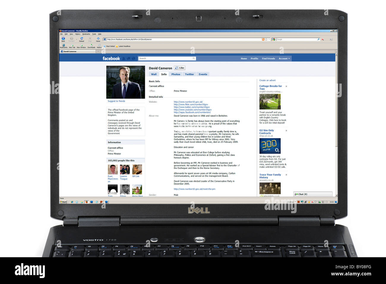 Facebook page of the British Prime Minister David Cameron on a Laptop Computer, UK Stock Photo