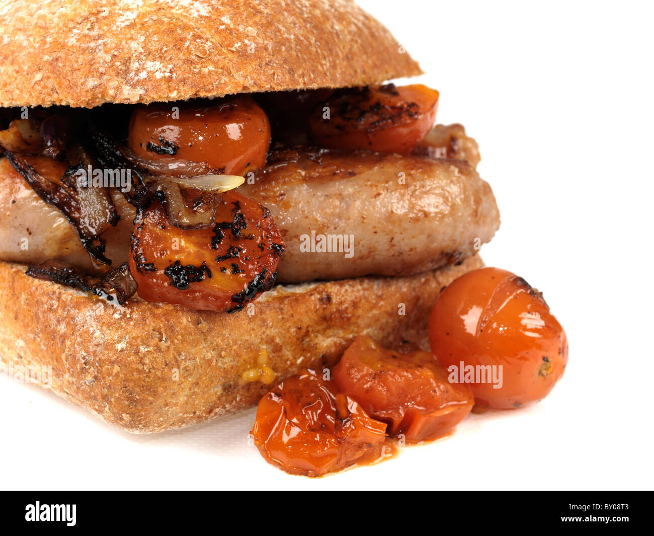 Freshly Cooked Pork Sausage Sandwich With Cherry Tomatoes And