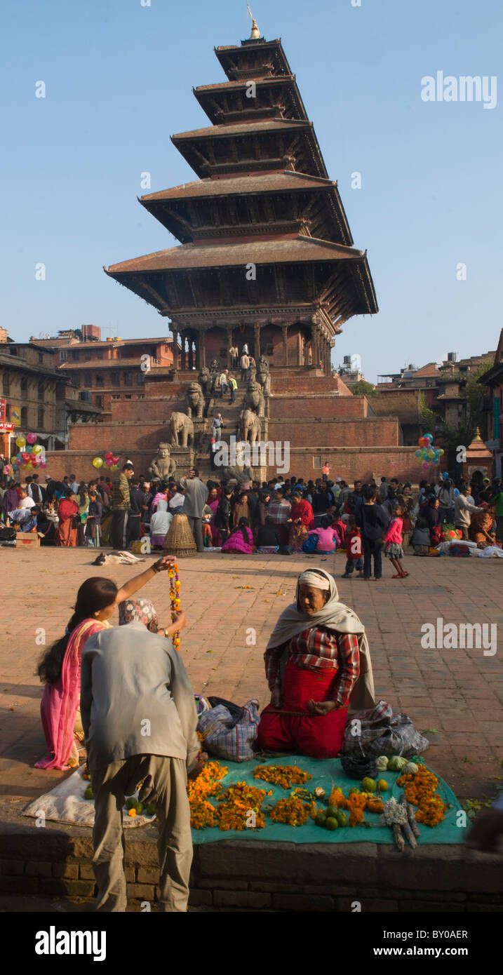 The sculpted Nyatapola Temple, center of the Taumadhi Tole Square in ancient Bhaktapur, near Kathmandu, Nepal Stock Photo