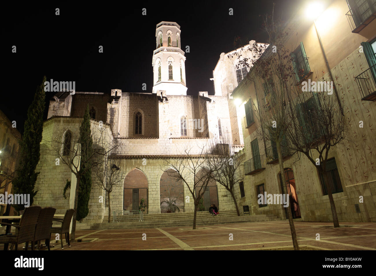 Figueras square Spain Gerona Cathedral monument art catholic religion night Stock Photo