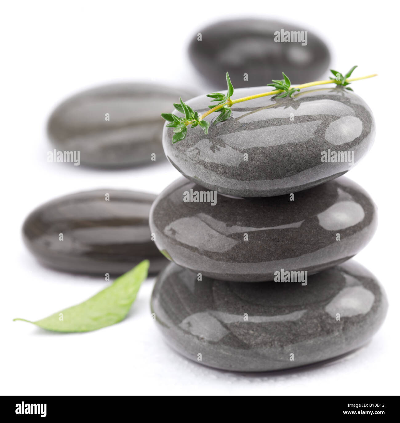 Spa stones with green leaves on a white background. Stock Photo