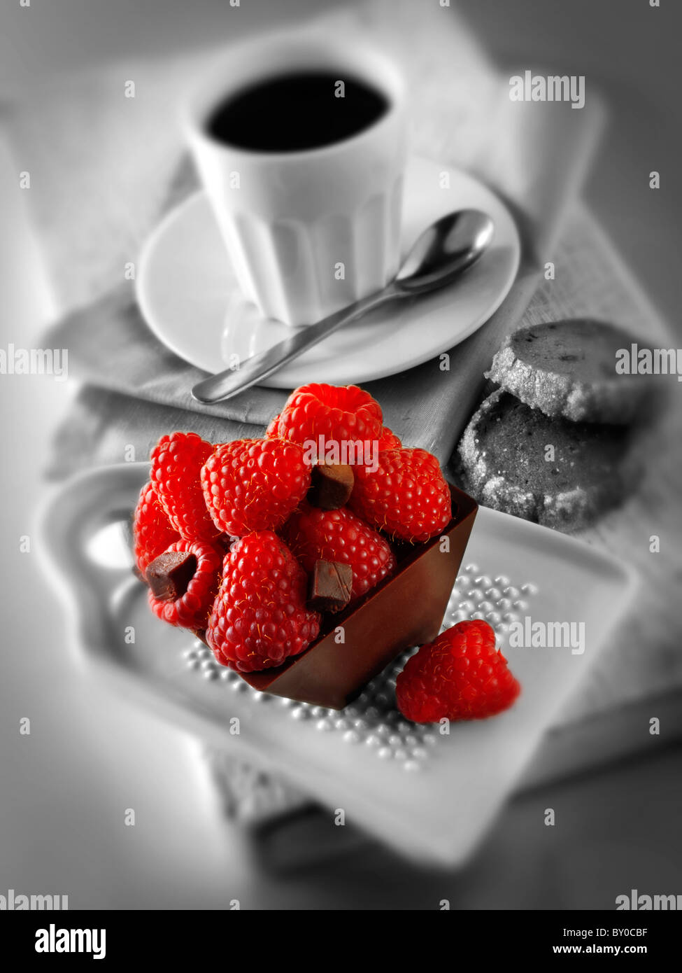 fresh fruit individual chocolate cakes with raspebrries Stock Photo