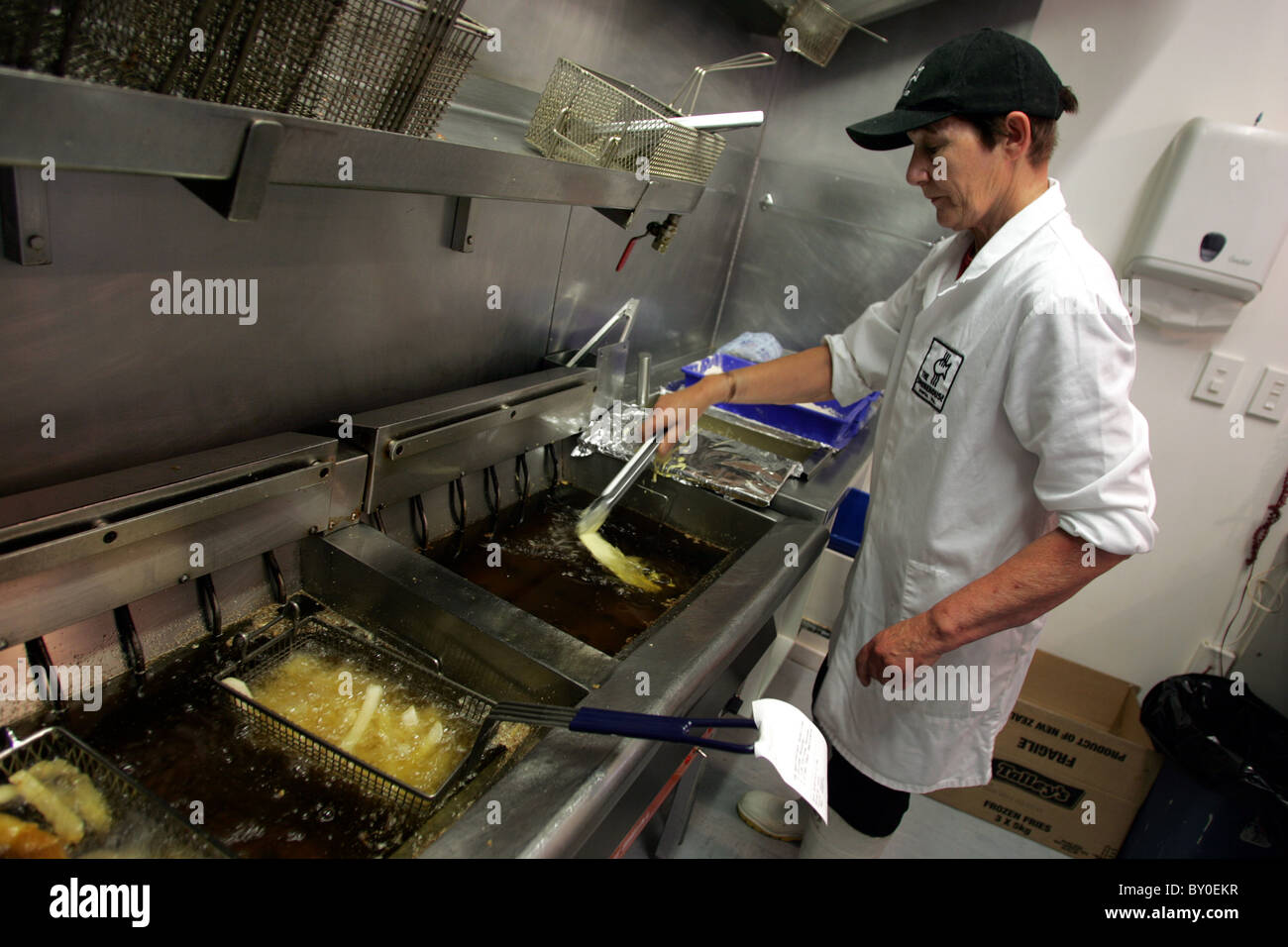 Fish and Chips being cooked at The Smokehouse, Mapua, Nelson, New Zealand Stock Photo