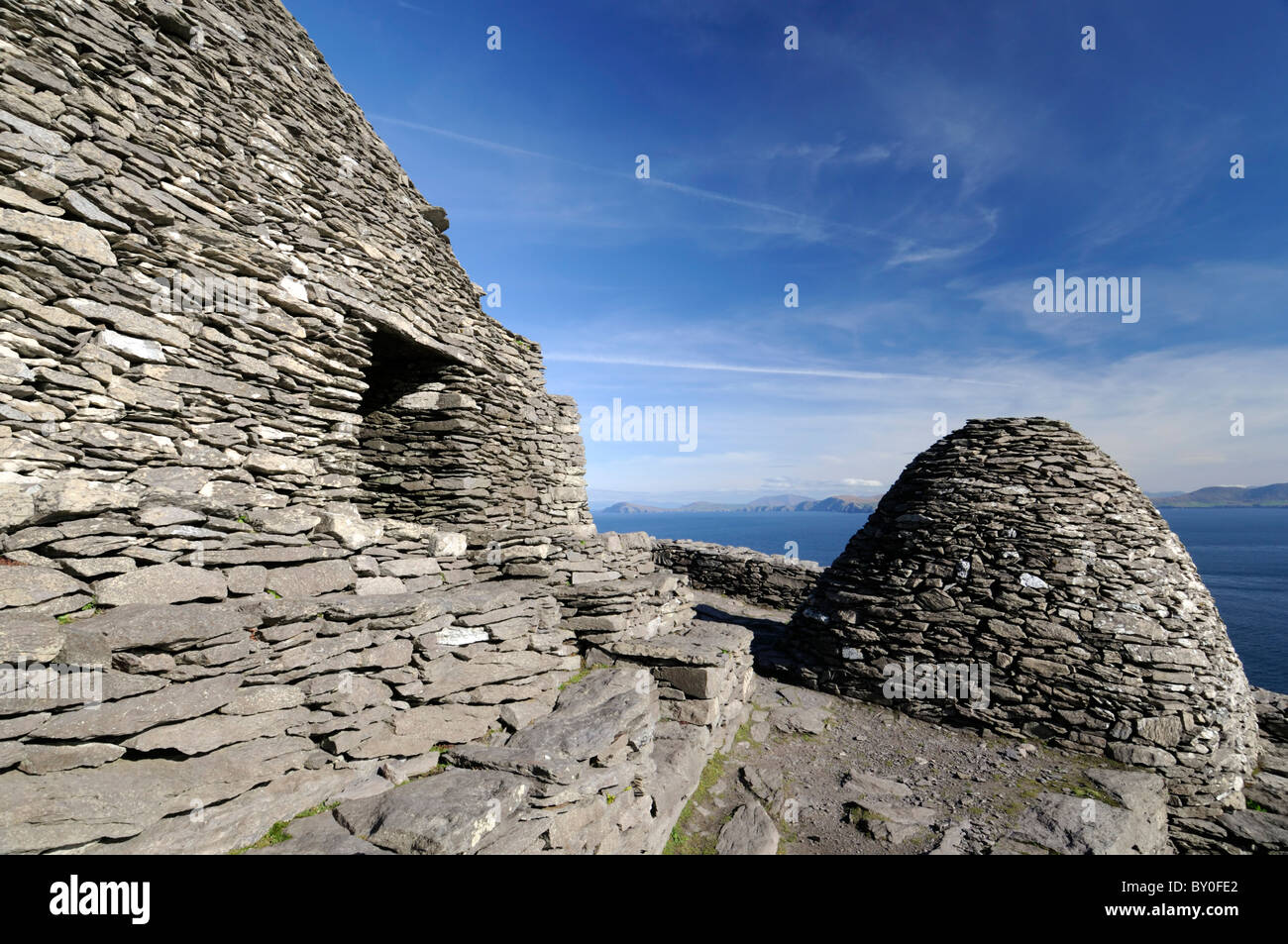 Skellig Michael Ancient Celtic monastic island settlement island County Kerry ireland Hermitage beehive huts man made terrace Stock Photo