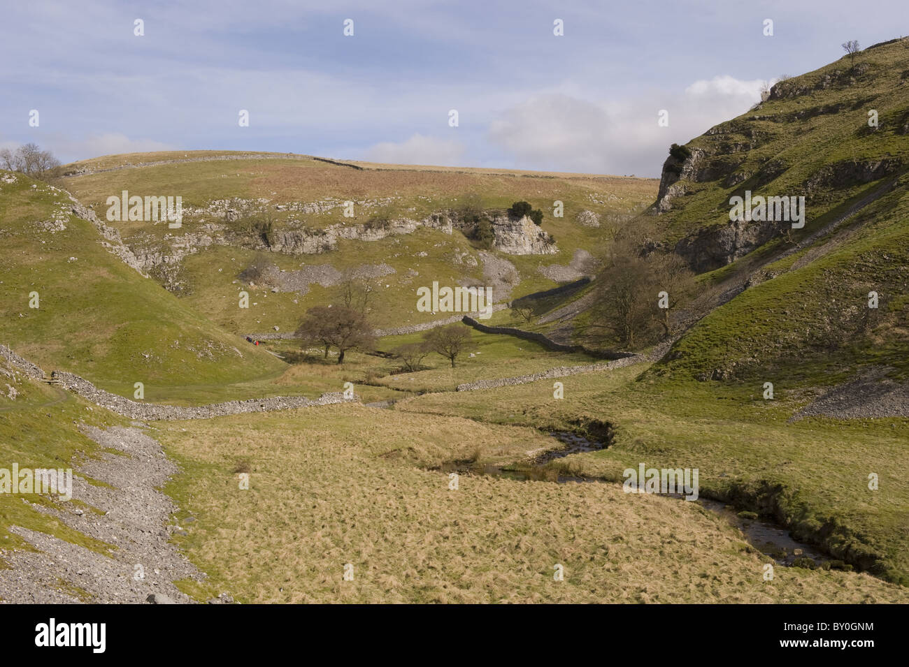 View along Trollers Gill, a quiet remote steep-sided limestone gorge with meandering stream or beck - near Skyreholme, Yorkshire Dales, England, UK. Stock Photo