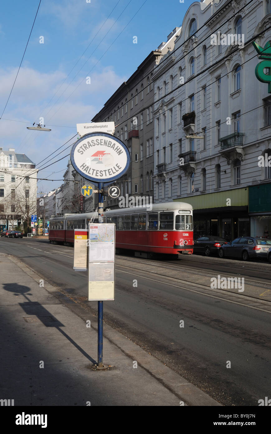 A tram stop at Karmeliterplatz, Leopoldstadt, Vienna, Austria. Stock Photo