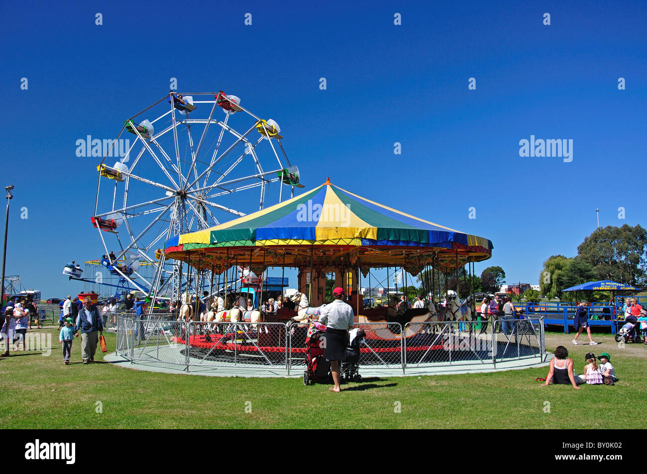 Fairground rides at Caroline Bay Festival, Caroline Bay, Timaru, South Canterbury, Canterbury Region, South Island, New Zealand Stock Photo
