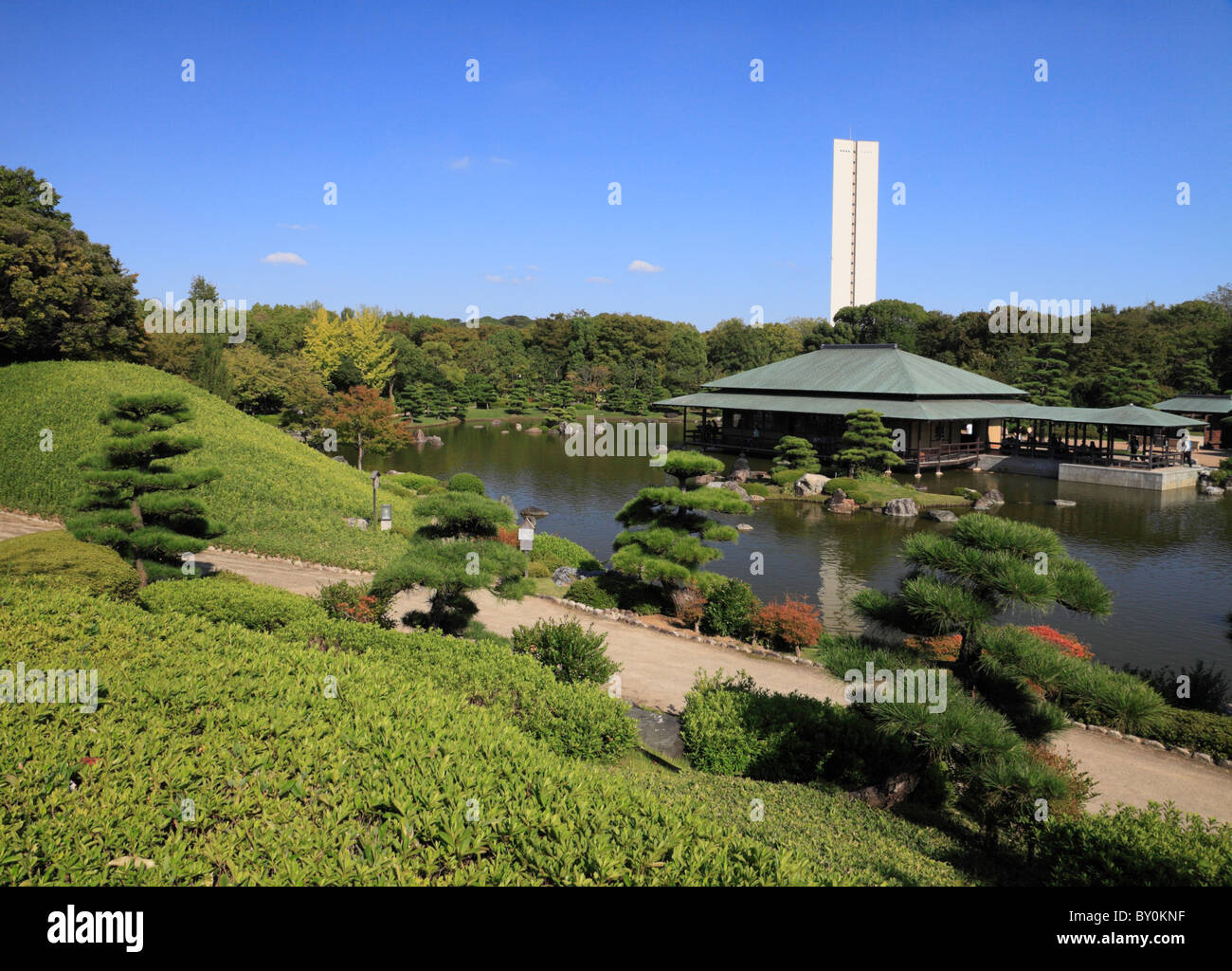 Japanese Garden and Peace Tower of Daisen Park, Sakai, Osaka, Japan Stock Photo