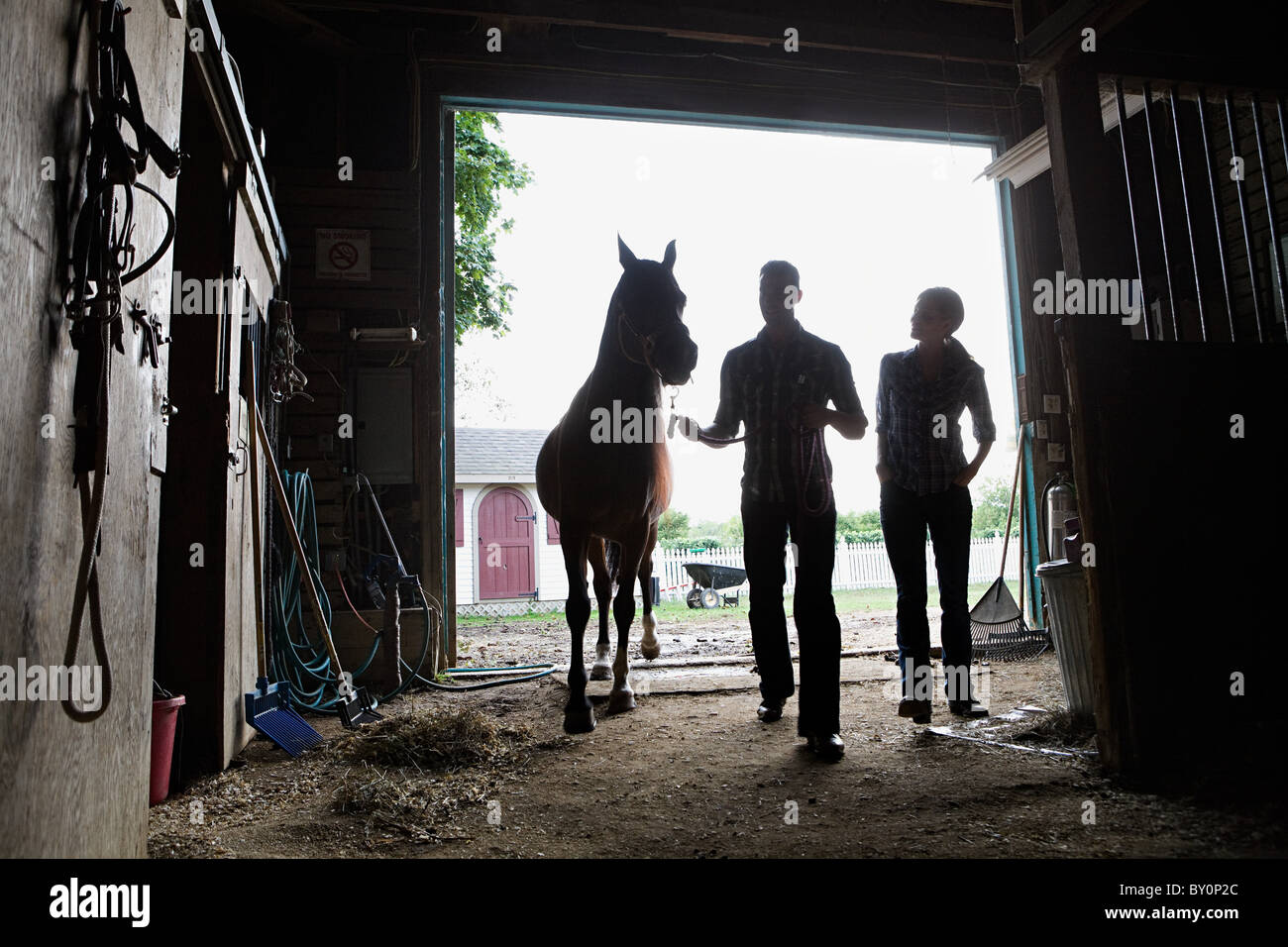 Two people with horse in stable Stock Photo