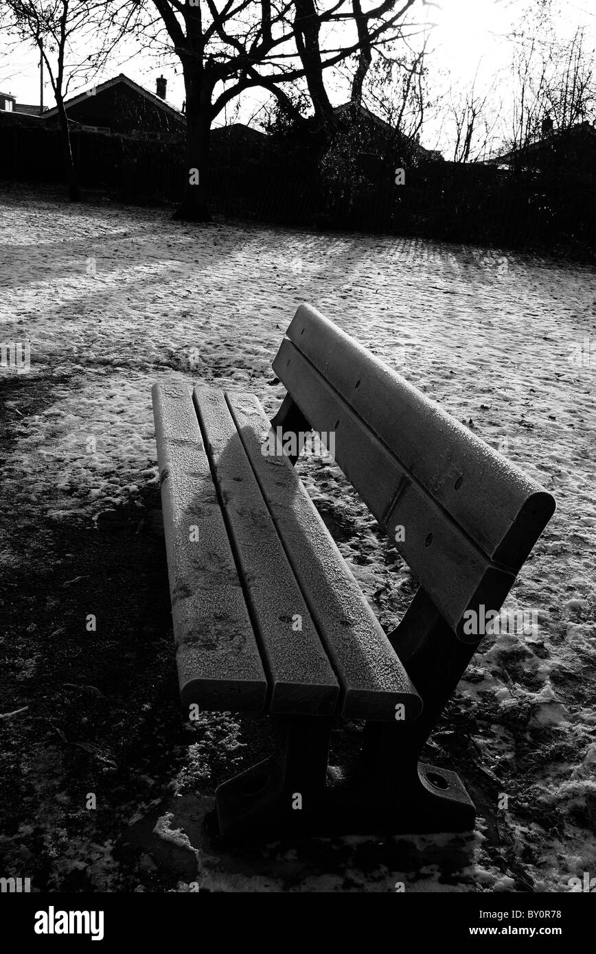Frosty morning, park bench covered in frost, black and white image in the low light of the dawn, rays of sun - weakly coming up. Stock Photo