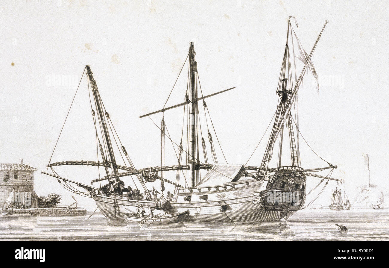 Merchant ship. 18th century. Engraving. Stock Photo